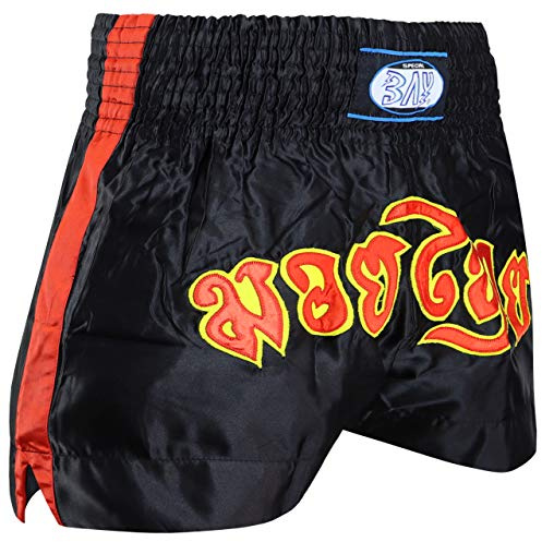 BAY Remy Thaiboxhose Kickboxhose Muay Thai Hose kurz aus Polyester mit traditioneller Thaischrift Schwarz/Rot/Gelb für Damen, Herren, Kinder, Erwachsene, Mädchen, Jungen Größe S