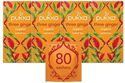 Pukka Herbs | Three Ginger Organic Herbal Tea Box | Digestion-Aiding Infusion With Ginger, Turmeric, And Galangal | Ideal After Meals | Caffeine Free | 4 Packs | 80 Plant Based Biodegradable Tea Bags