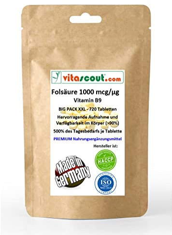 Acido folico 1000 mcg, 720 compresse vegane, vitamina B9 (acido folico), 500% del fabbisogno giornaliero, senza magnesio stearato, supporta la divisione cellulare e la formazione del sangue**