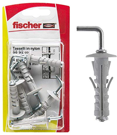 Fischer 6 tacos SB 9 con gancho mediano, universales para la fijación de lámparas, espejos, muebles en pared y hormigón, 504442