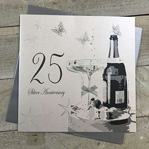 WHITE COTTON CARDS groß Silber Hochzeit Jahrestag, 25. Jahrestag Karte, handgefertigt, Weiß