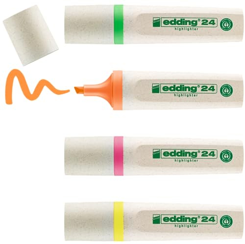 edding 24 EcoLine Textmarker - 4er-Set - gelb,orange,pink,grün - Keilspitze 2-5mm - zum unkomplizierten und schnellen Markieren und Hervorheben von Texten,Notizen - nachfüllbar, recyclebares Material
