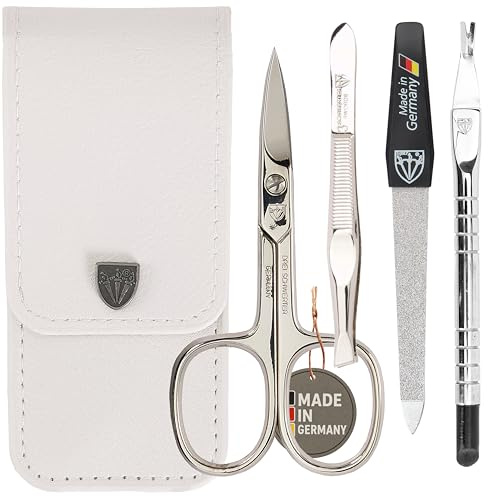 DREI SCHWERTER - 4-tlg. Nagelpflegeset 'Modena' | Maniküre und Pediküre Set in Echtleder Etui MADE IN GERMANY. Farbe: Weiß | Inhalt: Nagelschere, Pinzette, Saphirnagelfeile, Nagelhautentferner
