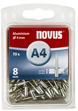 Novus Blindnieten 8 mm Aluminium, 70 Blindnieten, Ø 4 mm, 3.5-5.0 mm Klemmlänge, Befestigung von Kunst-Stoff und Leder