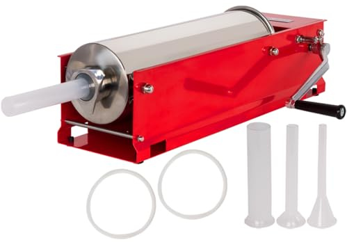 Beeketal 'MTH07' Profi Gastro Wurstfüllmaschine (7 Liter/horizontal) SGS-geprüft, Wurstfüller mit 2 Gang Vollmetall-Getriebe und Handkurbel, Gehäuse aus Stahl (rot lackiert), inkl. 4 Fülltüllen