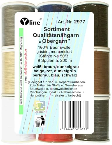 Sort. 9 spolar a. 200 m kvalitet – sytråd övergarn olika standardfärger, Ne 50/3, 100 % bomull för symaskin, 2977