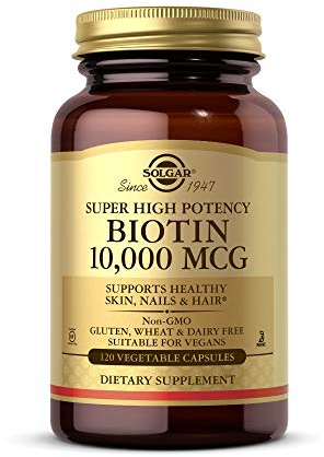 Solgar Biotin 10000 mcg Vegetable Capsules Energy Metabolism Promotes Healthy Skin Nails Hair Super High Potency NonGMO Vegan Gluten Free Dairy Free Kosher Servings, Standard Packaging, Unflavored, 120 Count