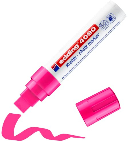 edding 4090 kritmarkör – neonrosa – 1 kritpenna – mejselspets 4–15 mm – bred spets våttorkningspenna för svarta tavlor, fönster, glas, speglar – flytande kritpennor för ogenomskinlig täckning
