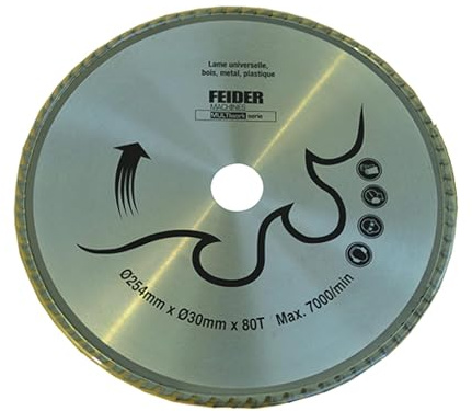 FEIDER F254LU Universal Kreissägeblatt - Sägeblatt für Kreissäge, Gezahnte Sägescheibe - Stahl - 254x30mm - 7000Tr/min Max - 80 Zähne - Schneidet Holz, Metall, PVC - Schneidet Schnell & Sanft