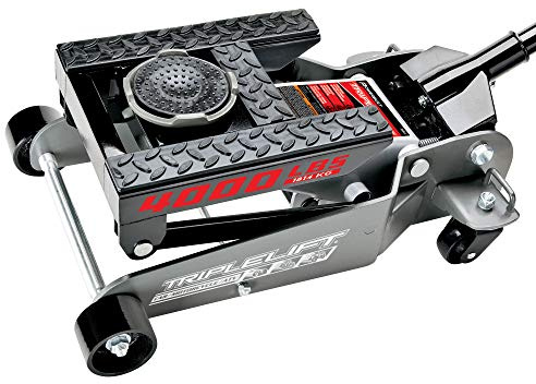 Powerbuilt 2 Ton Triple Lift Floor Jack, Works on Cars, Trucks, Motorcycles, ATV's, Transmissions, 4-3/4 to 17 in. Range, Wide and Stable, Locking Safety Bar - 620422E