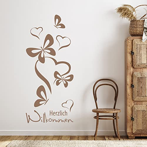 GRAZDesign Wandtattoo Flur Herzlich Willkommen Spruch, Schmetterlinge für Eingang, Wand Deko selbstklebende Klebefolie, Wohnzimmer, 91x40cm, 091 gold