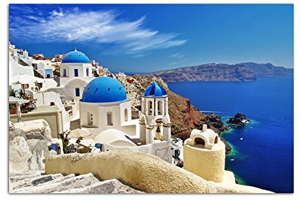 Paul Sinus Art 120 x 80 cm – Tableau mural Santorini Dom Maisons vue de la mer – Toile sur châssis moderne et élégant – Images et décoration