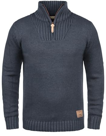 !Solid SDPetro Herren Strickpullover Troyer Grobstrick Pullover mit Troyerkragen Rippbündchen Label-Details Baumwollmischung Regular fit, Größe:XL, Farbe:Insignia Blue Melange (8991)