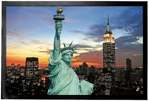 1art1 New York Freiheitsstatue Und Skyline Bei Sonnenuntergang Fußmatte Dekomatte Innenbereich | Design Türmatte 60x40 cm