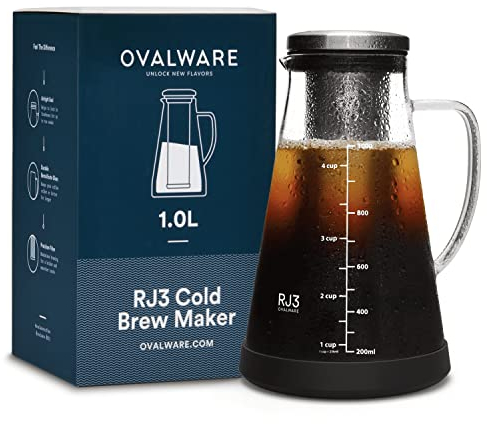 ovalware Airtight Cold Brew Iced Coffee Maker and Tea Infuser with Spout - 1.0L / 34oz RJ3 Brewing Glass Carafe with Removable Stainless Steel Filter