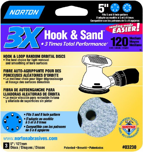 Norton 03230 3X Hook and Sand 120 Grit Universal Vac Hole dischi abrasivi, 12,7 cm, confezione da 3