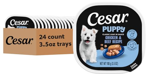Cesar Puppy Classic Loaf in Sauce Wet Dog Food, Chicken & Beef Recipe, 3.5 oz. Easy Peel Trays, Dog Food Toppers, 24 Count