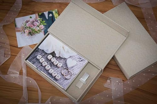 Elegant Foto-Box mit USB Slot. Geschenkbox für USB-Sticks und Fotoabzüge 10x15cm, Aufbewahrungsbox Hochzeitsbox, Erinnerungsbox, Fotogeschenk (Grau)