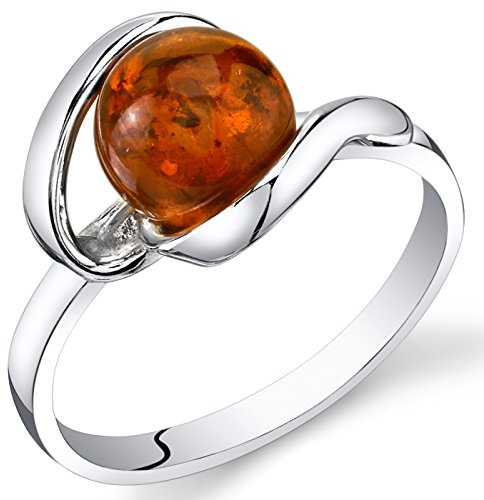PEORA Genuine Baltic Amber Ring for Women in Sterling Silver, Rich Cognac Color, Designer Open Spiral Solitaire, Comfort Fit, Size 8, Real Baltic Amber Ring for Adults,