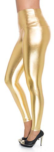 FUTURO FASHION - Leggings de Tiro Alto - Acabado Mate y Brillante - Cuero sintético - Dorado - Talla EU 40