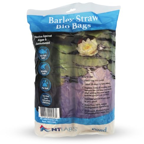 NT Labs Pond Barley Straw Bio Bags, Barley Straw Pouches, Controls Green Water in Ponds, Natural Blanketweed Control, Compostable Barley Straw Bag (Twin Pack - Treats 7000L)