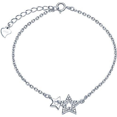 Unendlich U Fashion Doppel Sterne Damen Armband 925 Sterling Silber Zirkonia Armkette Verstellbar Charm Armkettchen Armreif, Silber