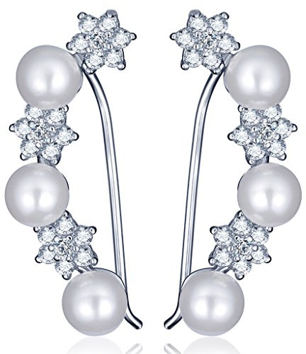 Yumilok smycken 925 sterling silver kubisk zirkon pärlor blommor kvinnors knoppar öron manschetter svepande örhängen, allergivänliga, Sterlingsilver, Kubisk zirkonia Pärla