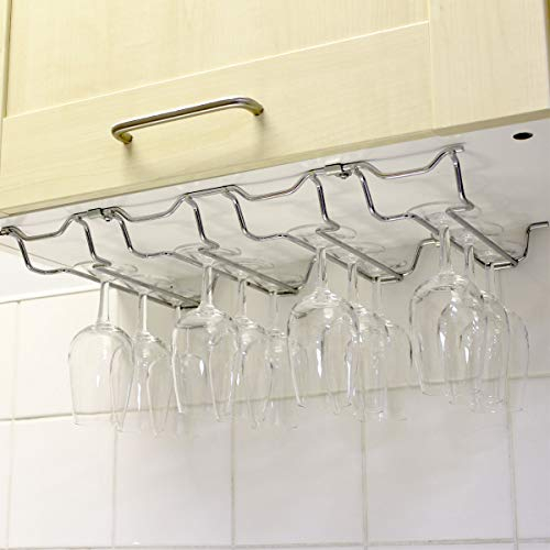 Chrome Plated Wine Glass Hanging Rack Wine Glass Hanging Rack - 4 Columns - Shelf Mounted, Wine Glass Storage Drying Rack Wine Glass Holder, Holds any type of glassware wine or beer glasses and flutes