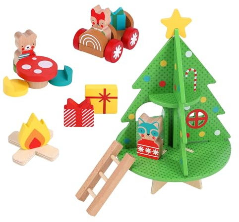Petit Collage: Christmas Treehouse Wooden Play Set – Eco-Friendly FSC Wood Toy for Toddlers 12mo+ – Features Treehouse with Ladder, Animal Figures, Yule Log Car,Table & Accessories – Cozy