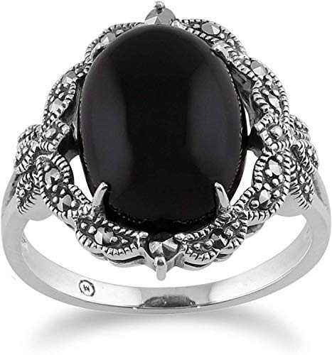 Gemondo 925 Argent Art Nouveau Vintage Inspiré& Onyx Marcassite Déclaration Bague