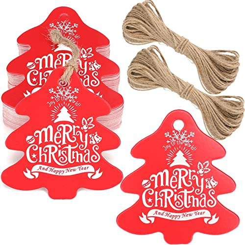 G2PLUS Weihnachtsbaum Geform Geschenkanhänger - 100 Stück Weihnachten Etiketten Tags - 6x6.5 CM Papier Hängeetiketten mit Schnur zum Adventskalender und Weihnachtsgeschenke verziert