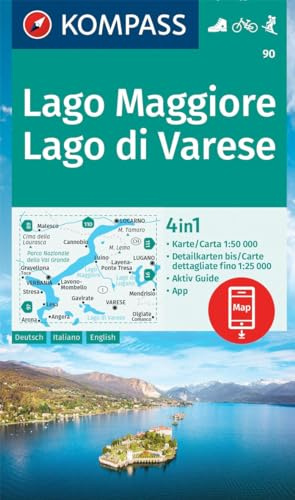 KOMPASS Wanderkarte 90 Lago Maggiore, Lago di Varese 1:50.000: 4in1 Wanderkarte, mit Aktiv Guide und 1:25000 Karten, inklusive Kartenbereich zur ... in der KOMPASS-App. Fahrradfahren. Skitouren.