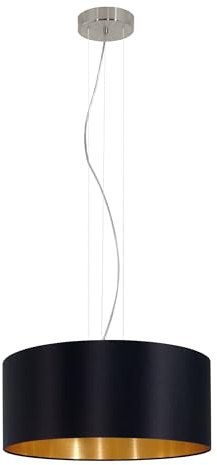 EGLO Pendellampe Maserlo, 3 flammige Textil Pendelleuchte, Hängeleuchte aus Stahl in Silber und Stoff in Schwarz und Gold, E27 Fassung, Ø 53 cm