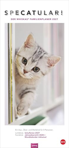 Whiskas Familienplaner 2027: Praktischer Kalender für Familien, mit Katzenfotos zum Dahinschmelzen. Terminkalender für die Wand mit 5 Spalten und viel Raum für Planung. Familienkalender