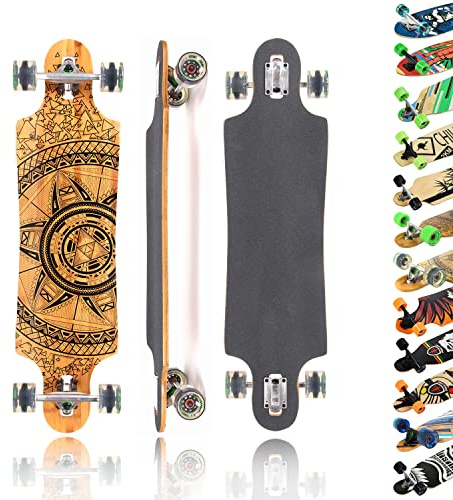 MAXOfit® Deluxe Longboard GeoLines Bambou No.96, Drop Through, 96.5 cm, ABEC11, 4 Couches de Bambou