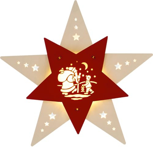 weigla - Fensterbild original Erzgebirge Stern Knecht Ruprecht I Weihnachtsdeko Fenster I 1 LED Lampe I 0,8 W, E14 I Fensterbild Weihnachten I Weihnachtsbeleuchtung Holz I Fensterdeko hängend