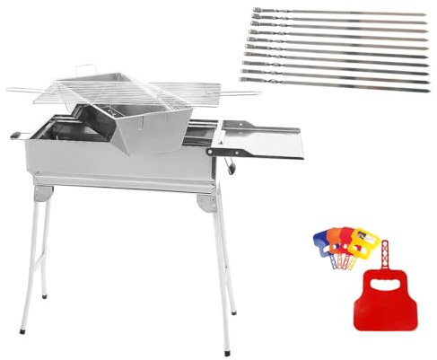 Mangal President i rostfritt stål med kolbehållare och 10 leksaker – multifunktionell träkolgrill grillgrill, grillgrill, grill,