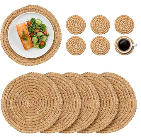 Argon Tableware Round Placemats & Coasters - 12pc - Woven Palm Leaf Kitchen Dining Table Mats Bar Drinks Coaster Protector Place Mats for Home, Restaurant Catering