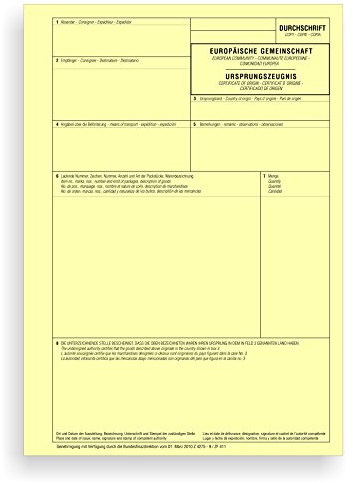 50 x Durchschrift zum Ursprungszeugnis 1-teilig, Einzelblatt/gelbe Kopie für Laser- und Inkjetdrucker (DIN A4)