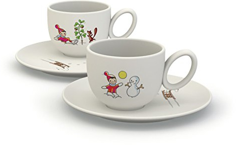 Alessi AMMI18SET2 NIKI SULLA NEVE Niki e l'Omino di Neve Annoiato, Niki e lo Scoiattolo Affamato Set di Due Tazze, in Ceramica Stoneware Decorata, con Sottotazza