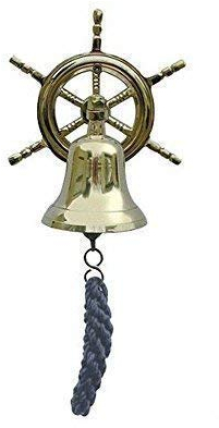 linoows Schiffsglocke mit Wandhalter als Steuerrad, Wand Glocke, Messing Ø 7,5 cm