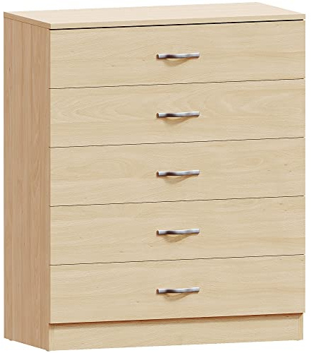 Vida Designs Riano 5 lådor byråer, metallhandtag och löpare, stöd för bågning av lådor, sovrum, barnkammarmöbler, tall
