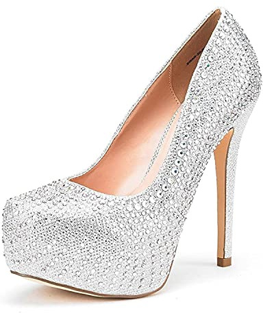DREAM PAIRS slip-on-stilettskor för damer, högklackade platåskor, pumps, Skinande silver, 38.5 EU