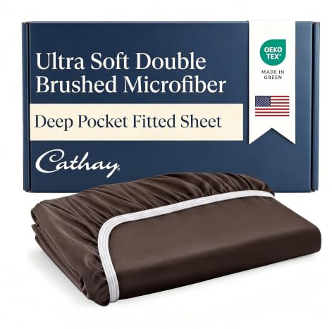 Cathay Home Luxury Wrinkle And Fade Resistant Double Brushed Ultra Soft Microfiber 14-inch Standard Pocket Single Fitted Sheet, Chocolate, Twin
