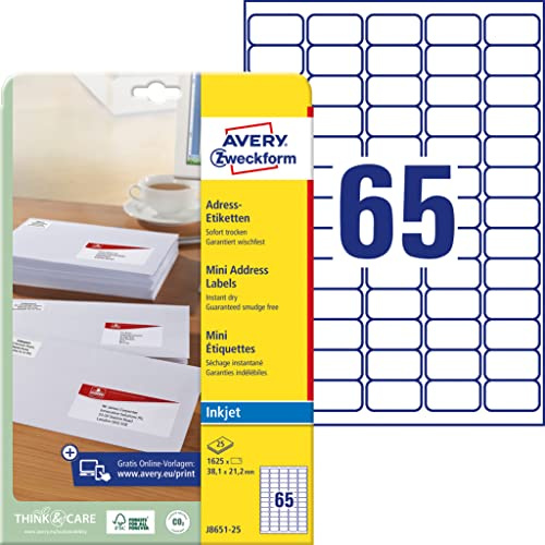 AVERY Zweckform J8651-25 Adressetiketten/Adressaufkleber (1.625 Etiketten, 38,1x21,2mm auf A4, bedruckbar, selbstklebend, für Absenderetiketten, Papier matt, Inkjet-Drucker) 25 Blatt, weiß