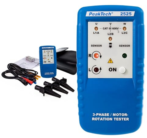 PeakTech P 2525 Drehfeldmessgerät 3 Phasen, Drehrichtungsanzeiger/Digital Drehfeld Messgerät für Kraftstrom Motor und Phasenprüfer für Drehstrom, Drehfeldmesser mit LED Anzeige