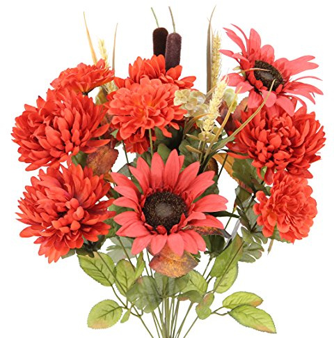 Admired by Nature Artificial Bouquet Bush 18 Stems of Mums, Sunflowers, Zinnia, Foliage (Brick Red) - for Fall Home Decor, Weddings, Events, Parties, Thanksgiving, Cemeteries, Funerals