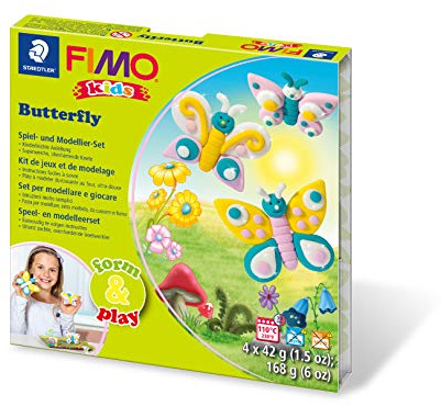 STAEDTLER FIMO kids 8034 Butterfly Set – 4 x 42 g, Kinder | Ofenhärtend in Gelb, Rosa, Türkis & Glitter Weiß, mit Modellierstab – Kinder – Art.-Nr. 8034 10 LY