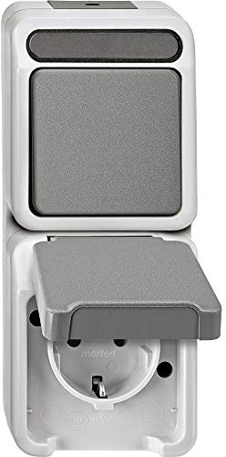 Schneider Electric Merten Aufputz Schuko-Steckdose mit Klappdeckel in Kombination mit Wechselschalter, Feuchtraum, Aquastar, IP44, lichtgrau, Artikelnummer MEG3494-8029