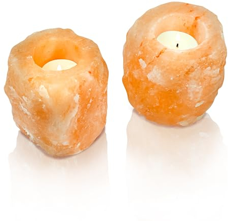 Amazing Health Pair of Himalayan Salt Tealight Holders – Hand-Carved Natural Pink & Orange Rock Salt Candle Holders – Authentic Crystal Set for Home Décor, Gifting & Table Lighting